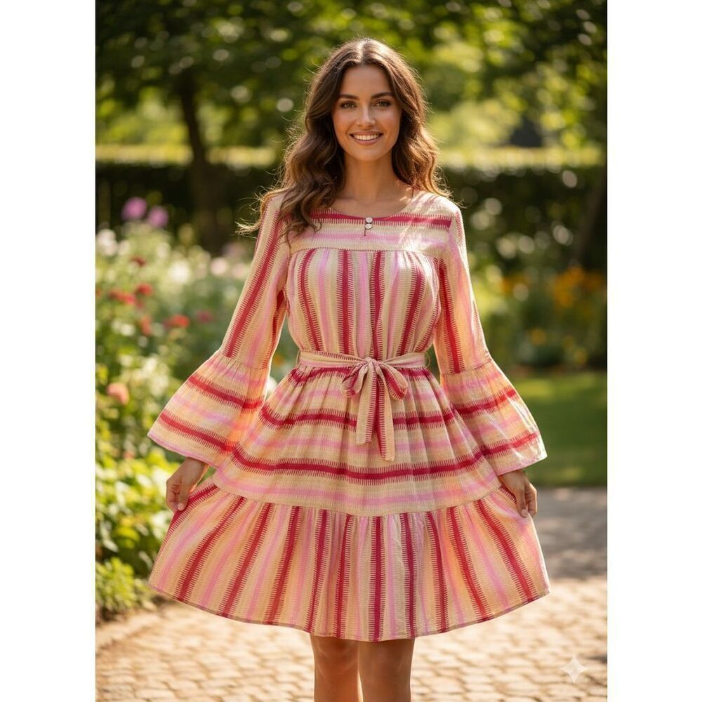 Cece‎ Cabana Striped Cotton Long Sleeve Belted Dress S M Pink Yellow